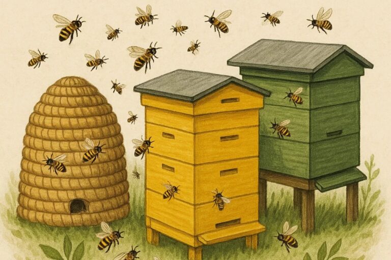 Trzy ule różnego typu i latające wokół pszczoły