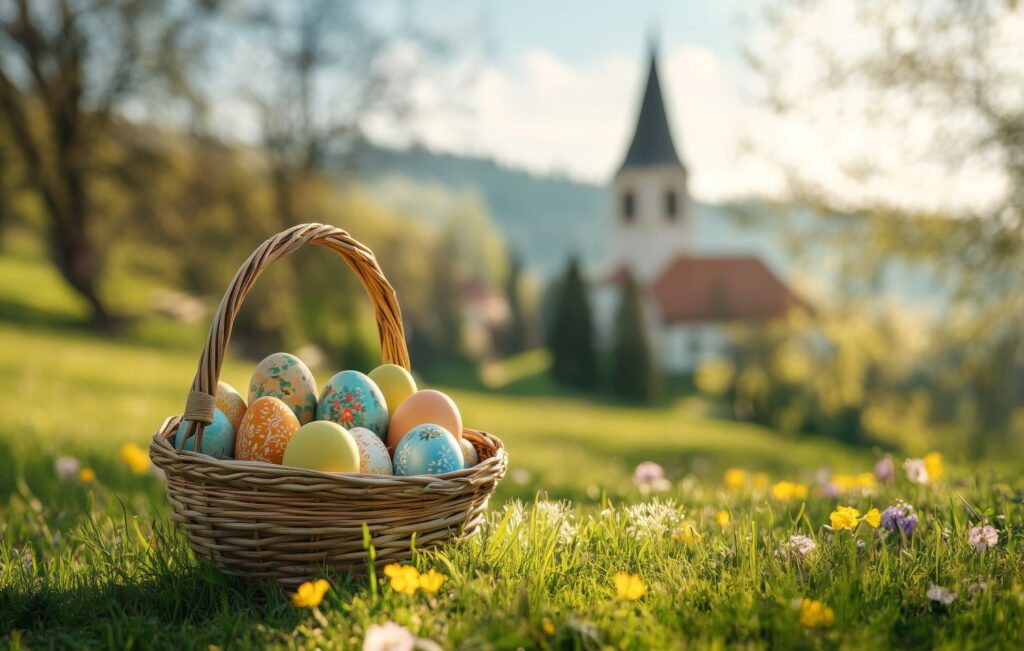 kartka wielkanocna, na pierwszym planie koszyczek z kolorowymi pisankami, w tle rozmyty widok kościółka