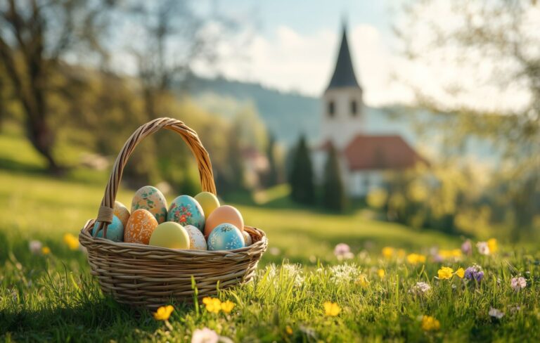 kartka wielkanocna, na pierwszym planie koszyczek z kolorowymi pisankami, w tle rozmyty widok kościółka